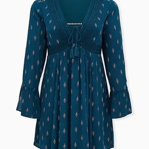 Teal Peasant Dress, Bell Sleeves, Large